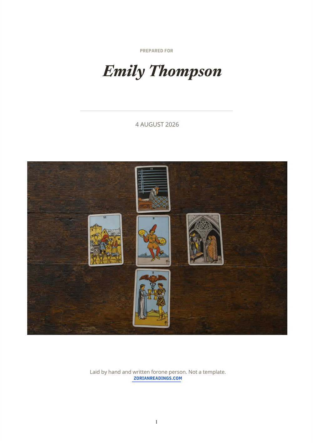 A page showing the five-card spread as it was laid and photographed.