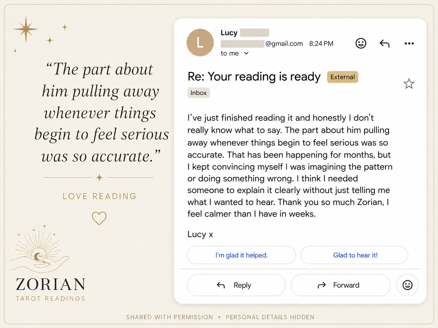 Message from a client about their reading.