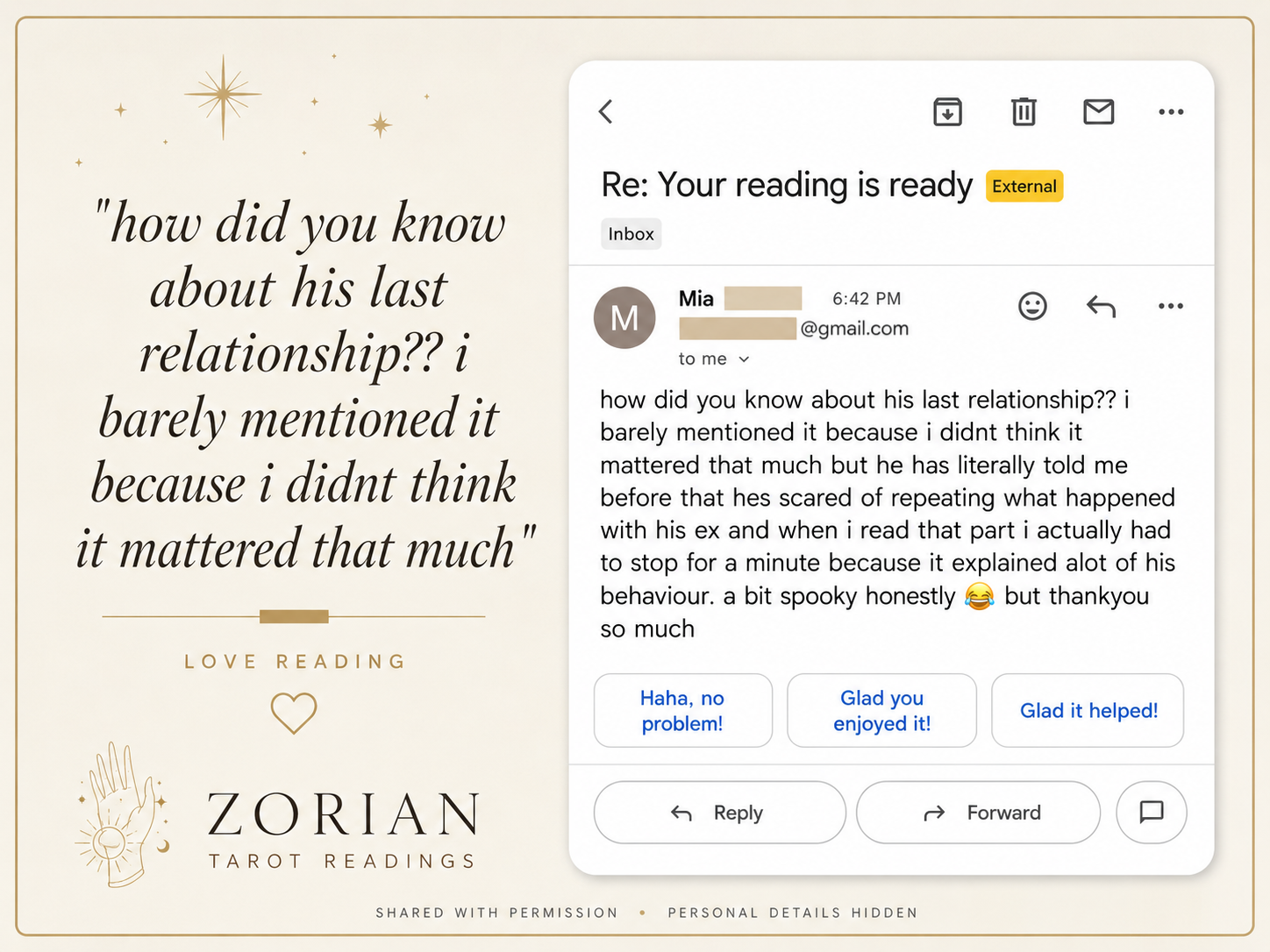 Message from a client about their reading.
