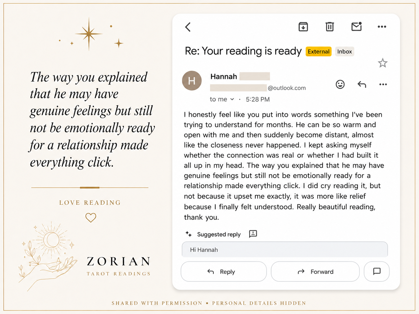 Message from a client about their reading.