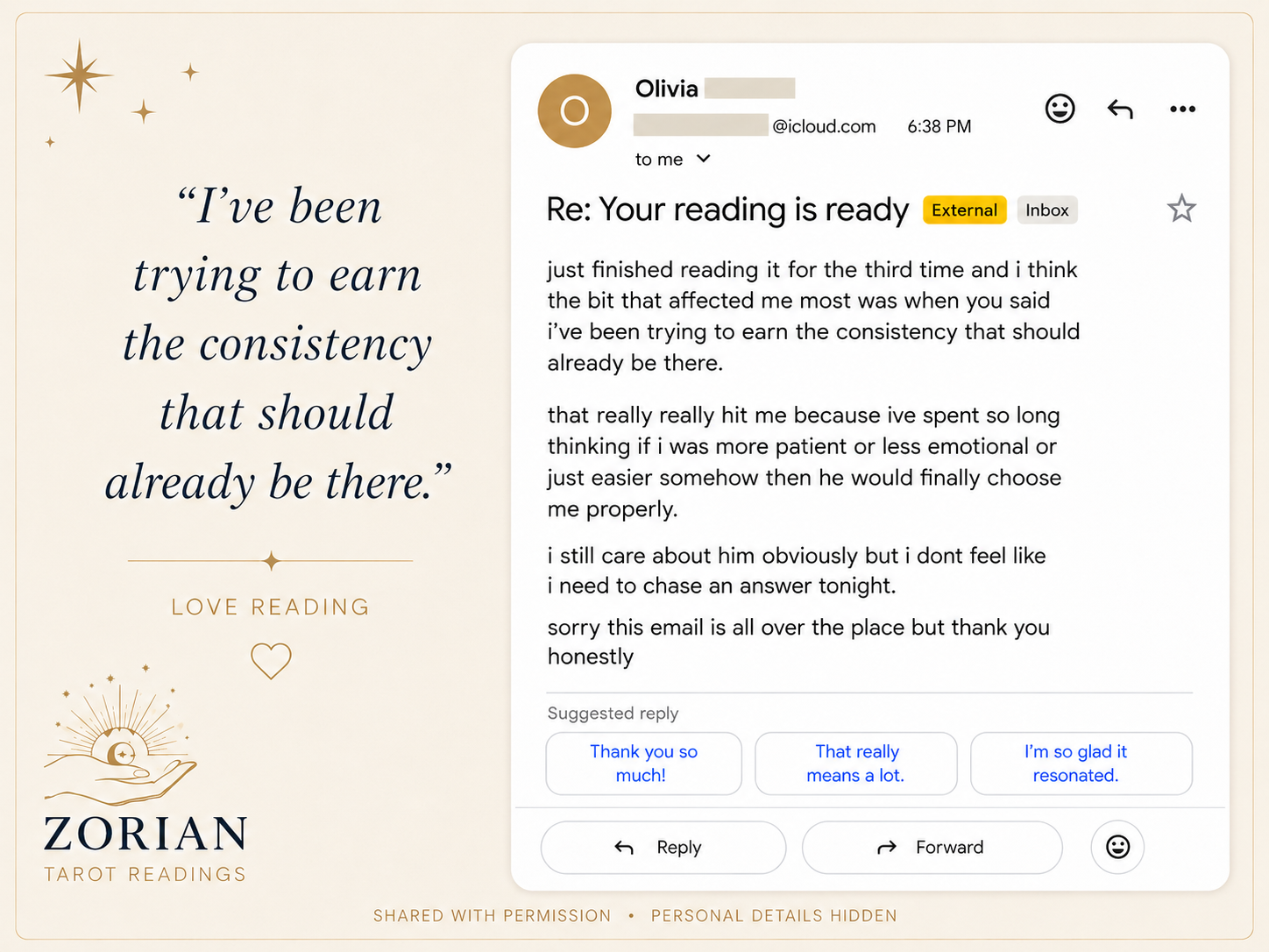 Message from a client about their reading.